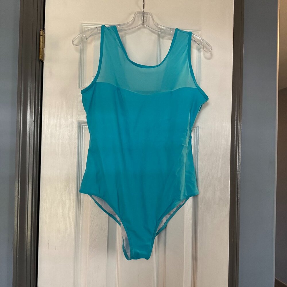 Womens Size L Blue 1 Piece Swim Suit Mesh Top Partial Open Back EUC